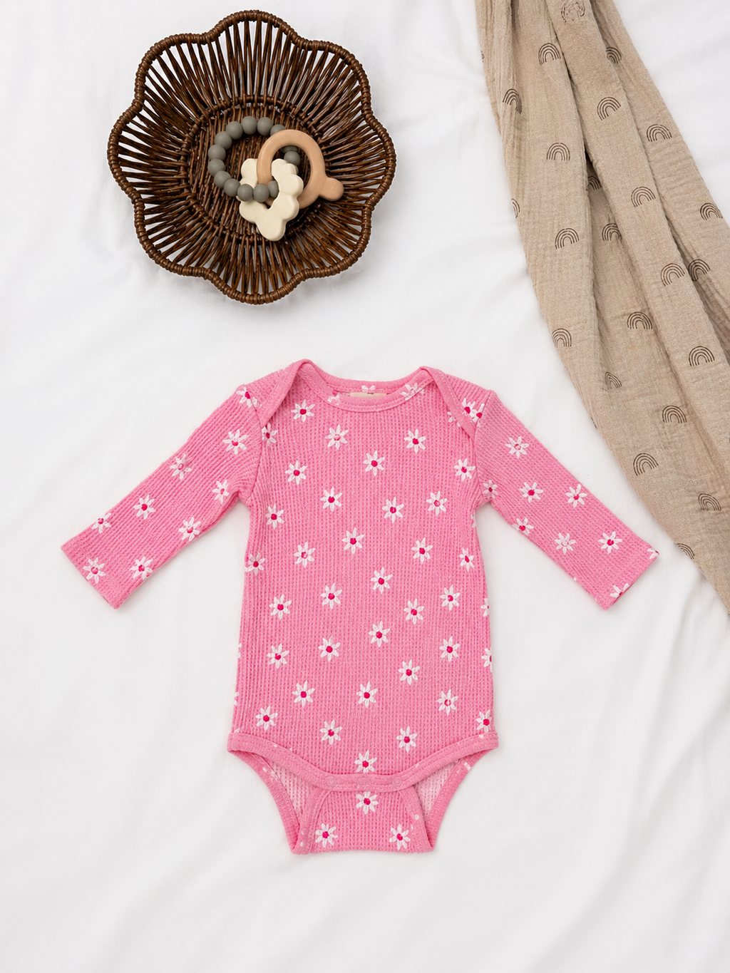 Organic Waffle Long Sleeve Bodysuit, Pink Flower