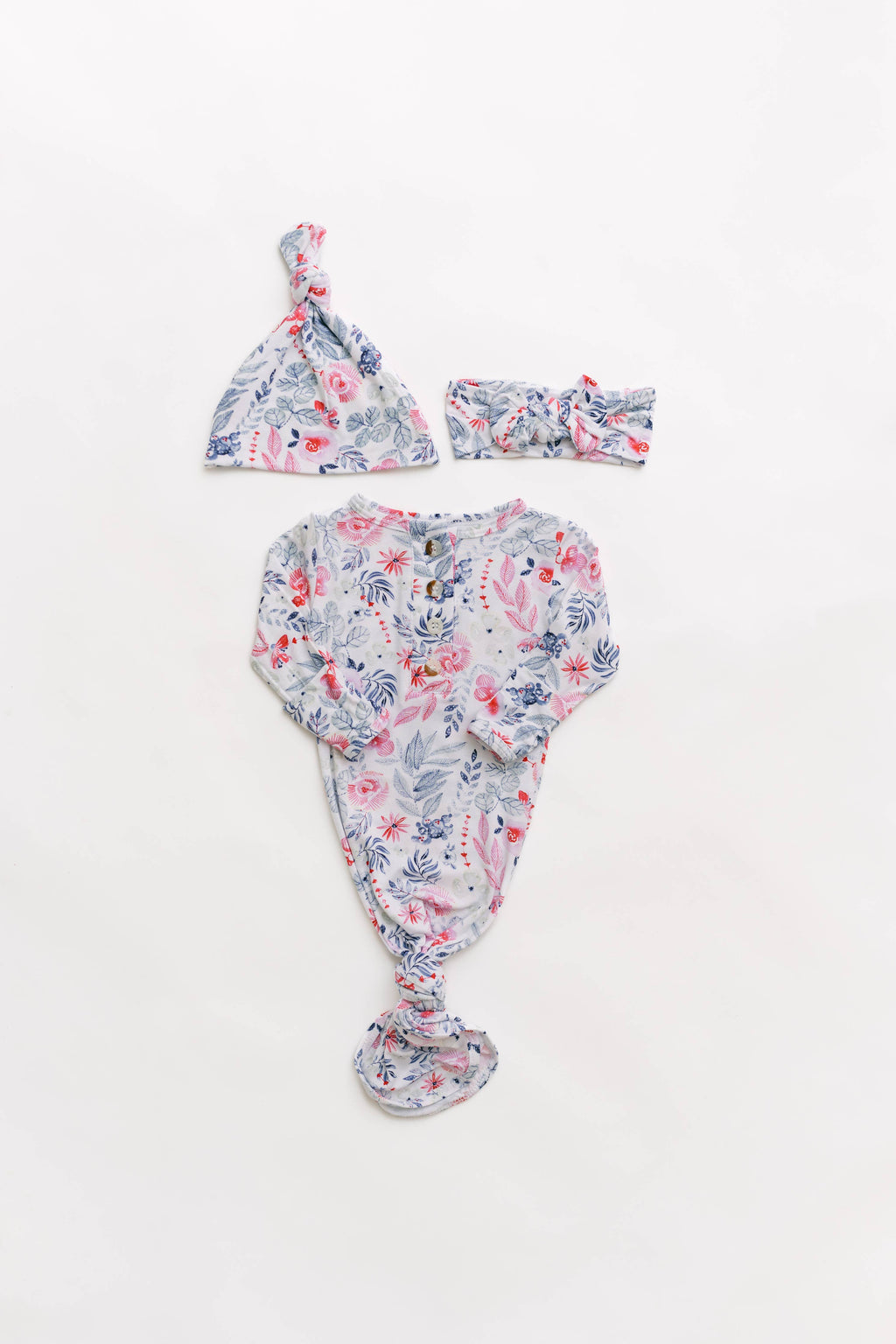 Newborn Knotted Baby Gown, Bow, Hat Set - Baby Clothes Girl: Dusty Rose