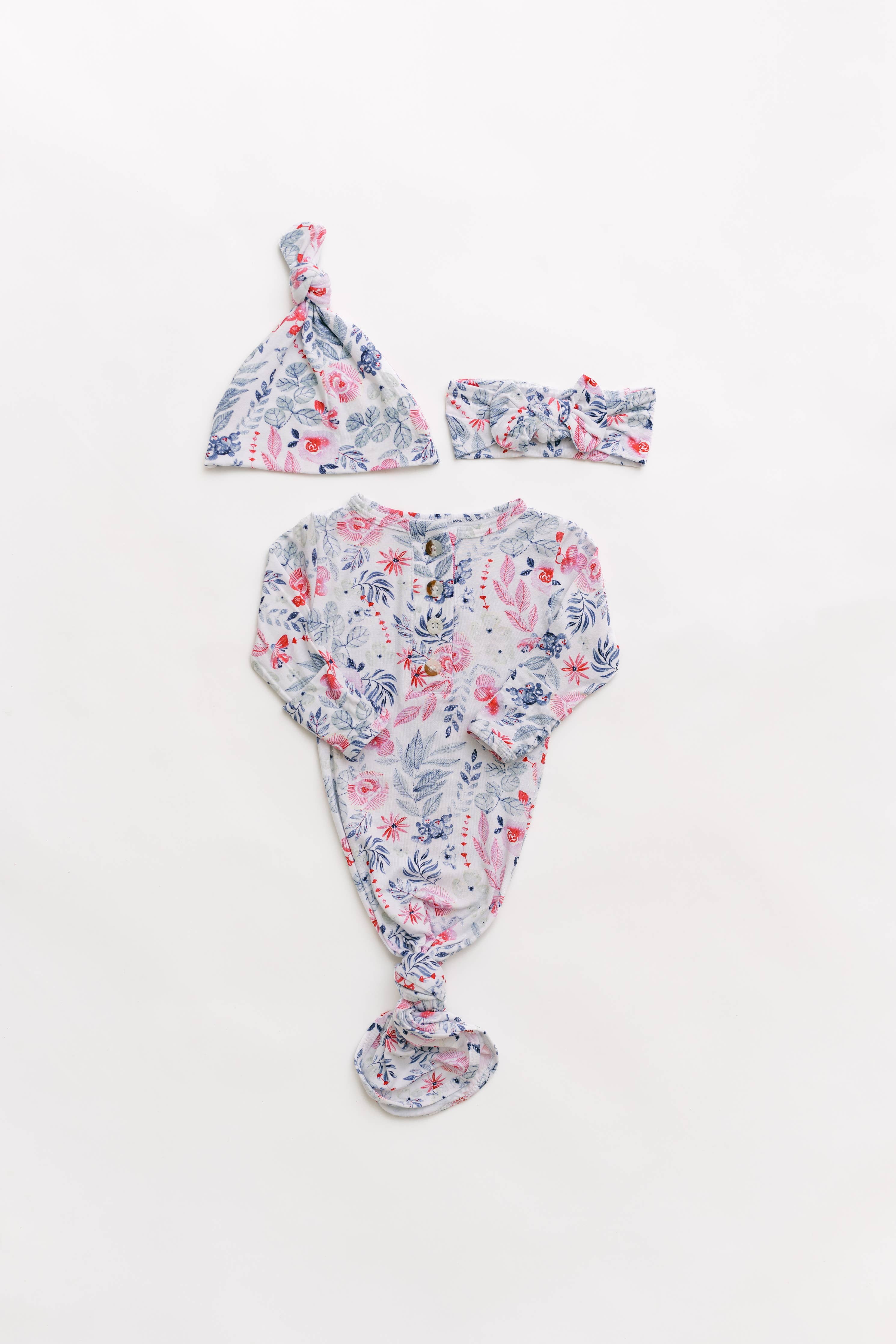 Newborn Knotted Baby Gown, Bow, Hat Set - Baby Clothes Girl: Dusty Rose