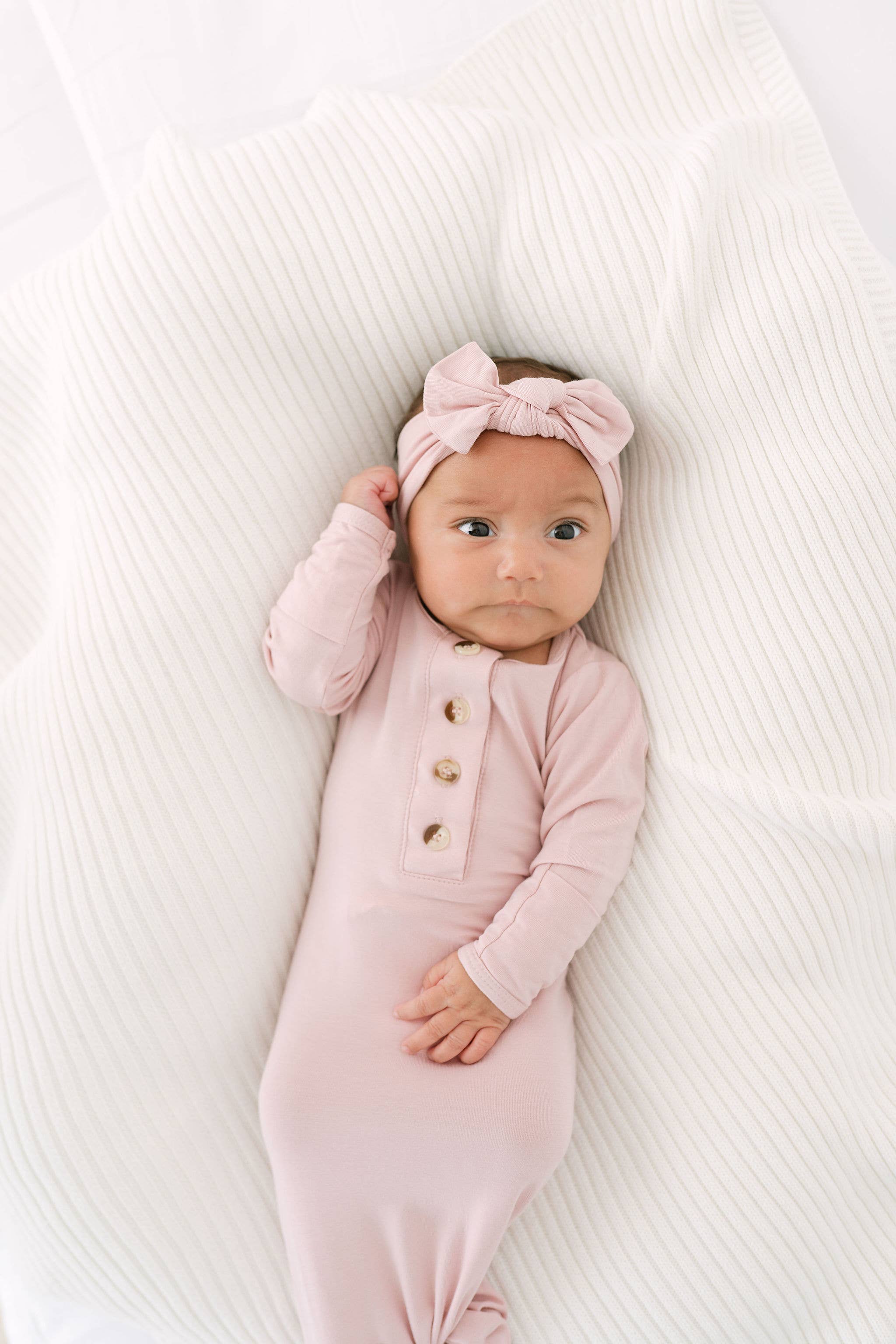Newborn Knotted Baby Gown, Bow, Hat Set - Baby Clothes Girl: Pink
