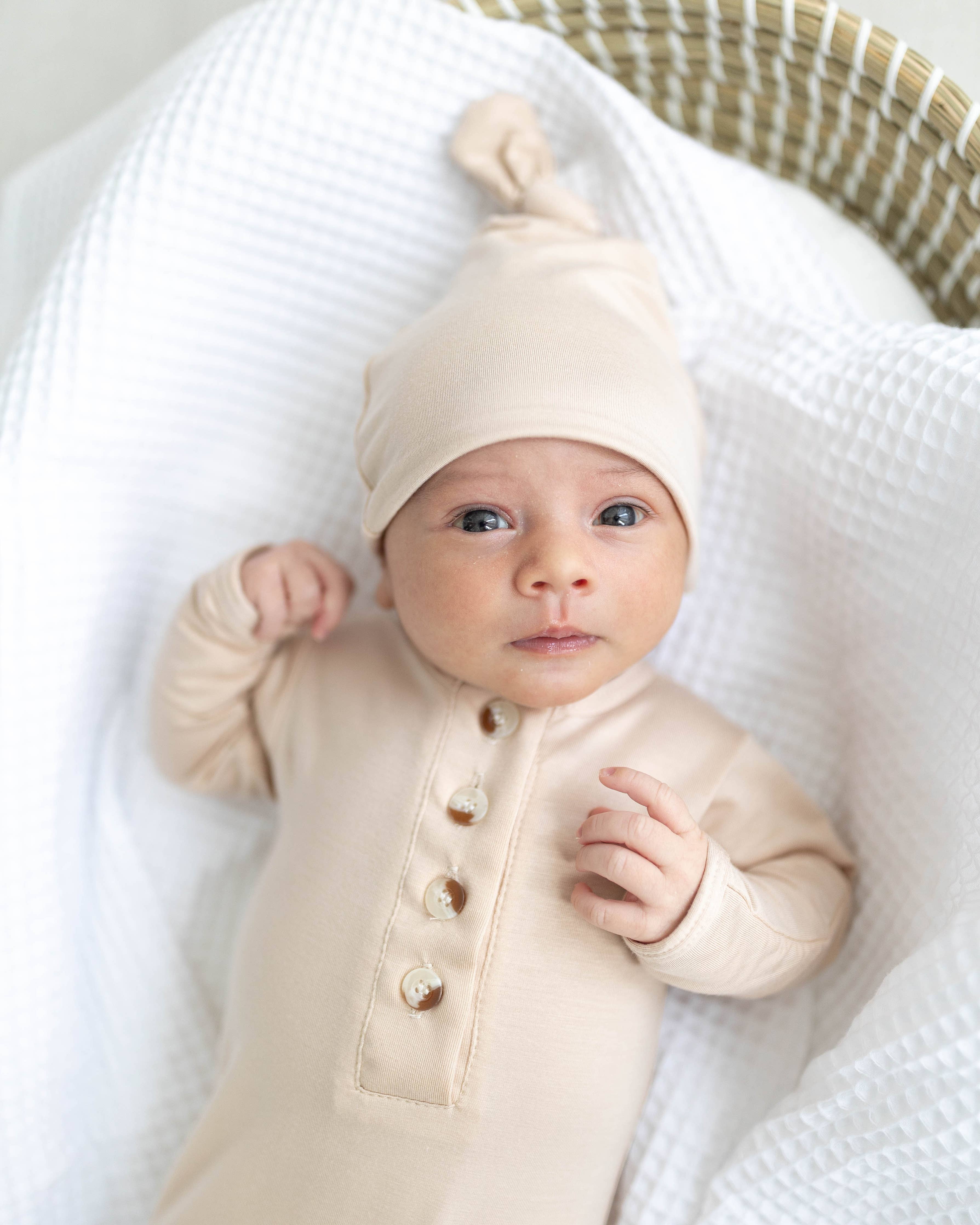Newborn Knotted Baby Gown, Bow, Hat Set - Baby Clothes Girl: Dusty Rose