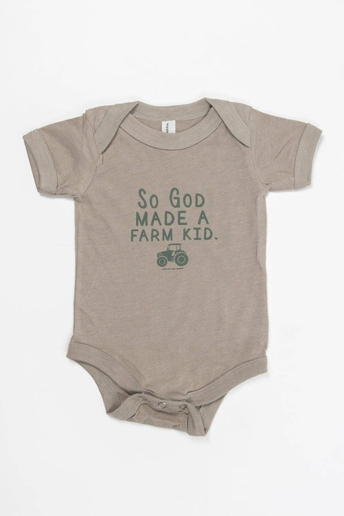 'So God Made a Farm Kid' Tractor Graphic Baby Onesie