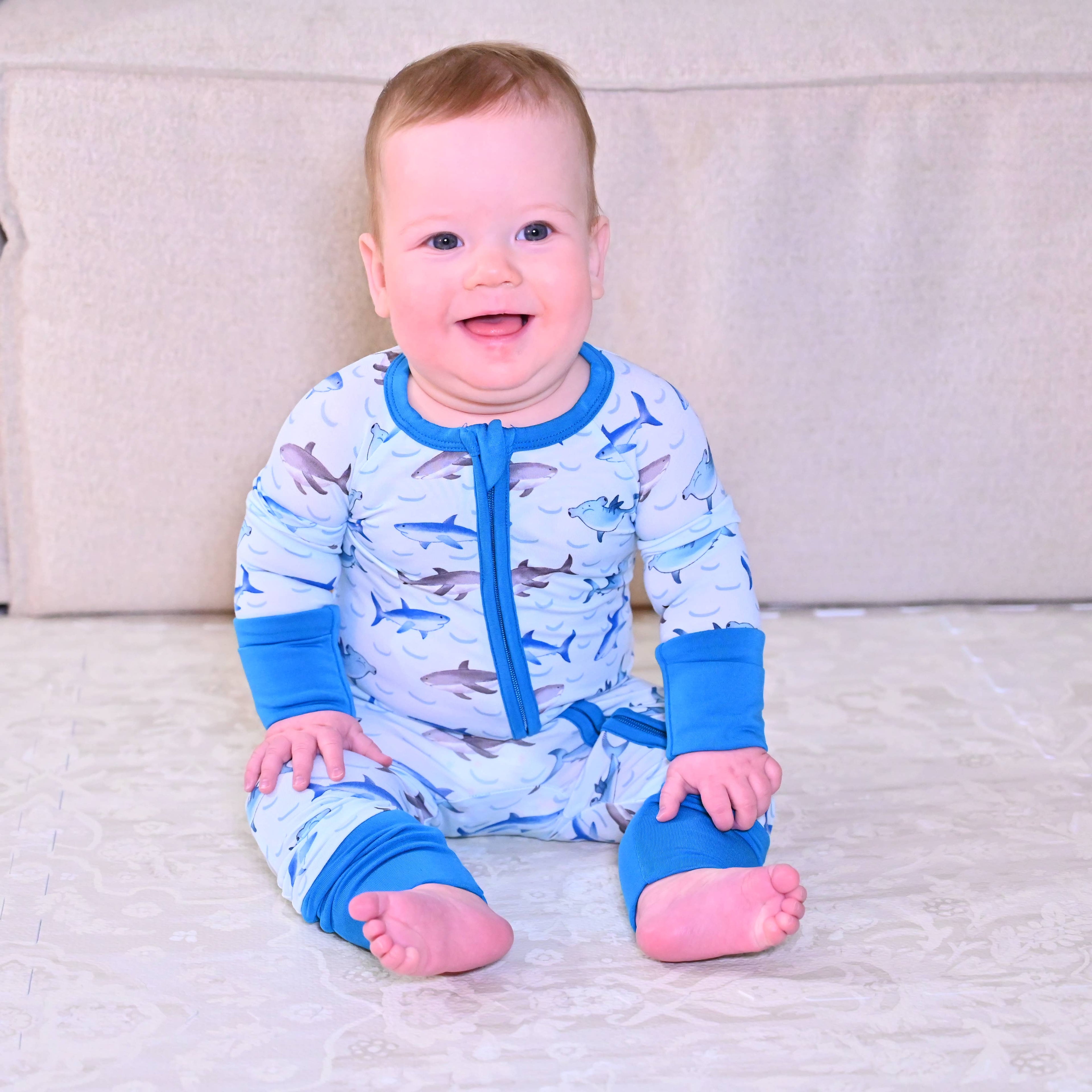 Bamboo Baby Convertible Zipper Pajama Sharks: 0-3 months
