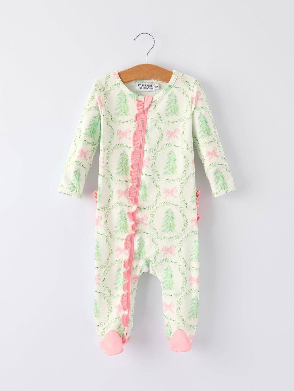 Christmas Tree Wreath Print Long Sleeve Zip Baby Girls Romper: 3M