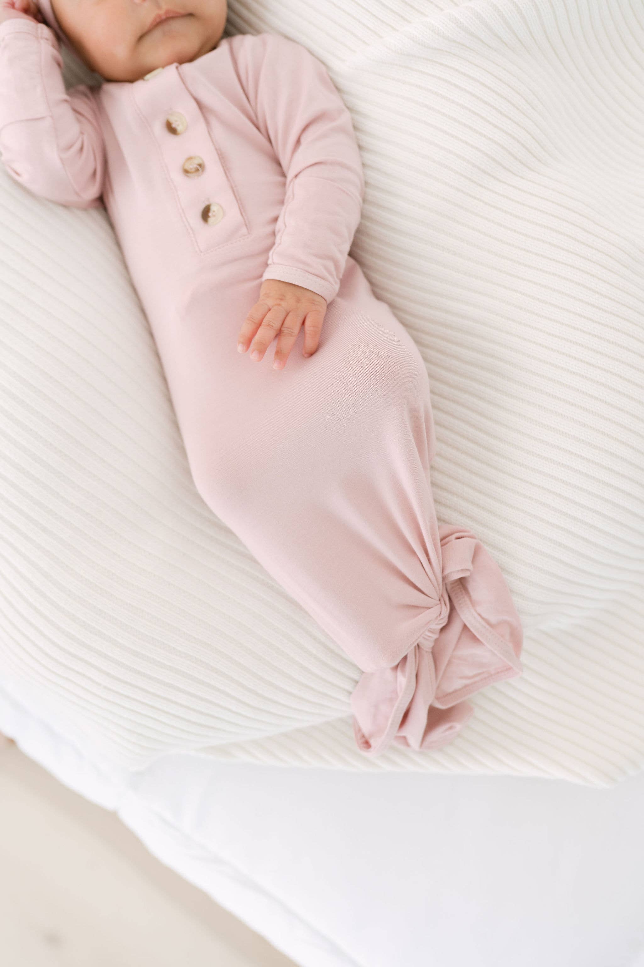 Newborn Knotted Baby Gown, Bow, Hat Set - Baby Clothes Girl: Dusty Rose