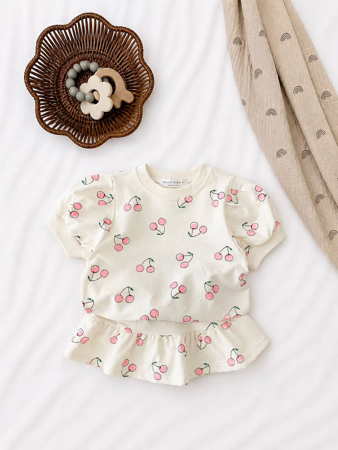 Cherry 2pc Set Puff Sleeve Frilled Skirt