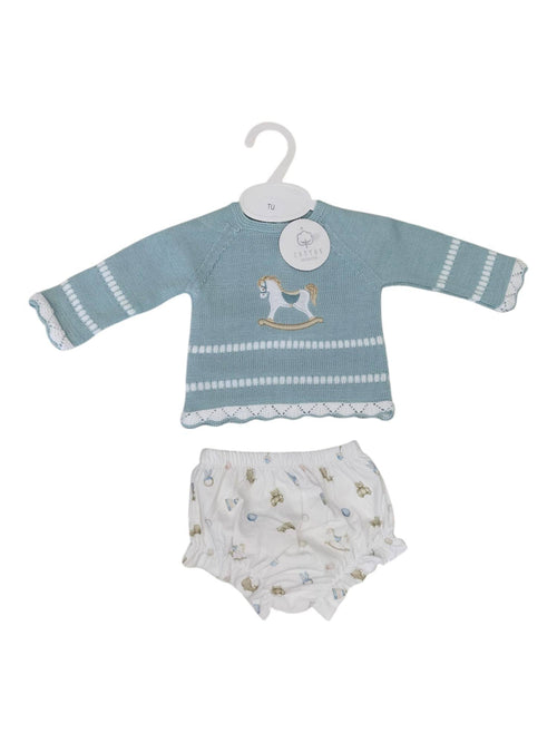 2 Piece Blue Rocking Horse Knit Set