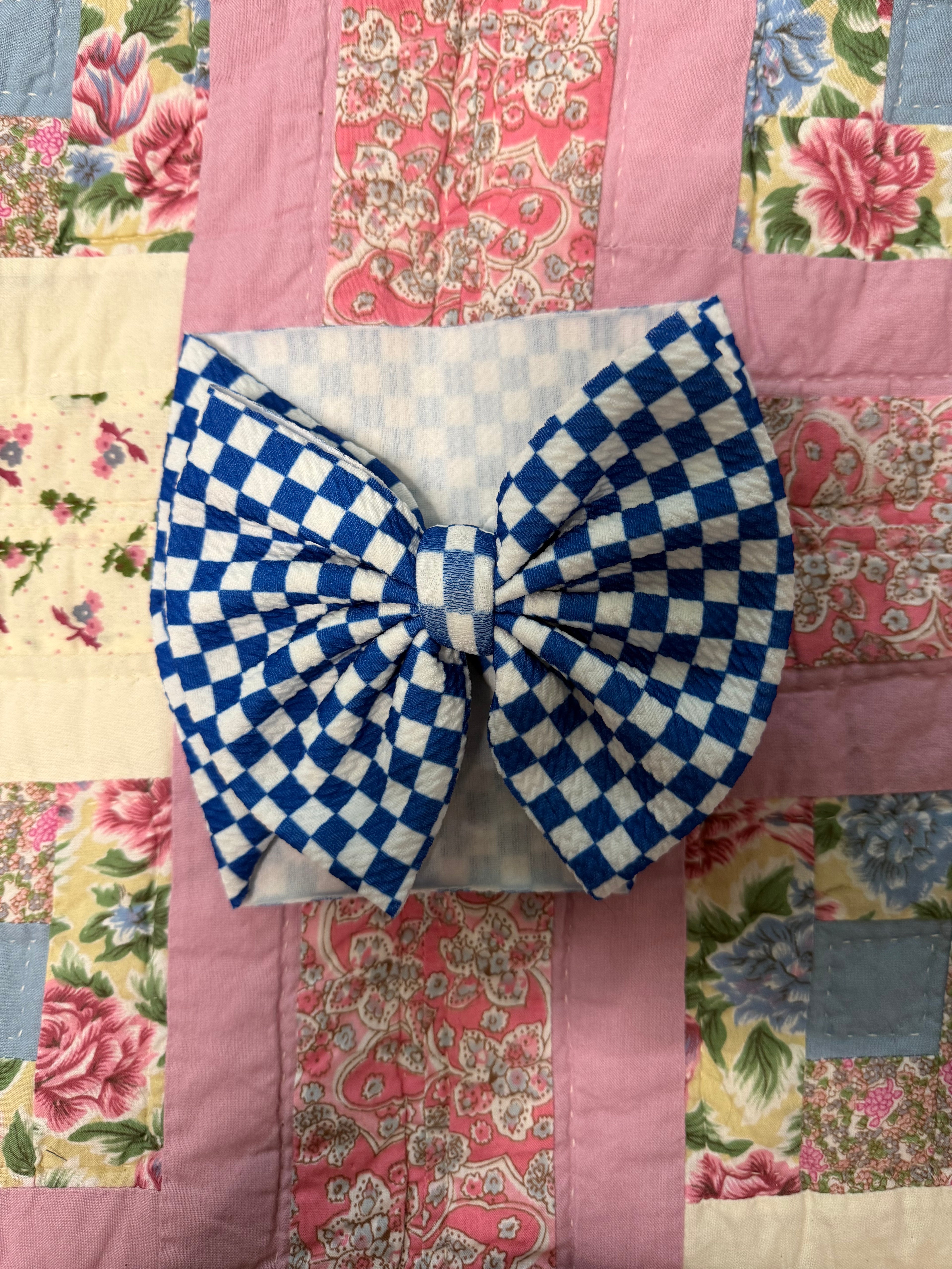 Blue/White Checker Bow Headwrap