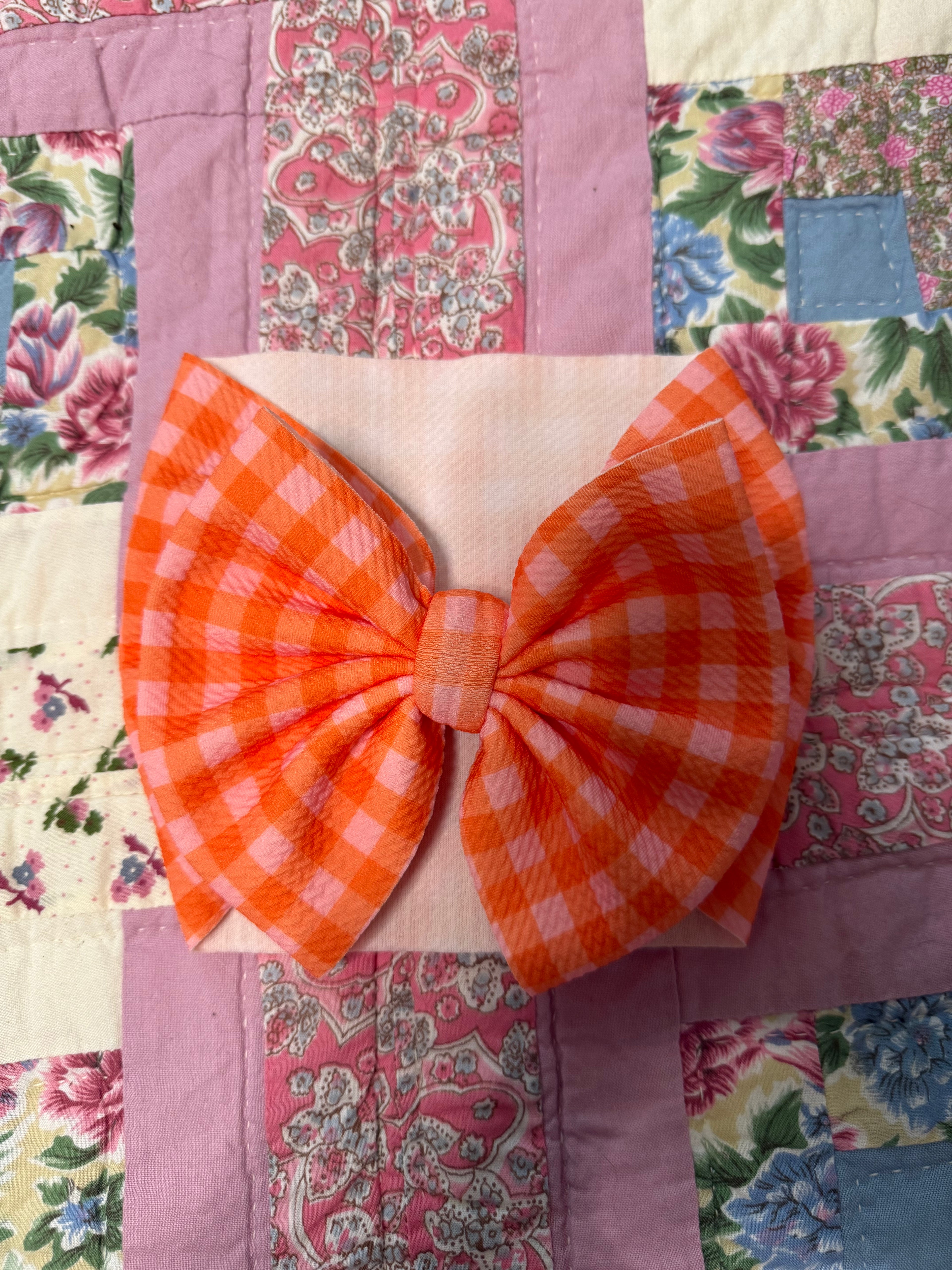 Pink and Orange Gingham Bow Headwrap