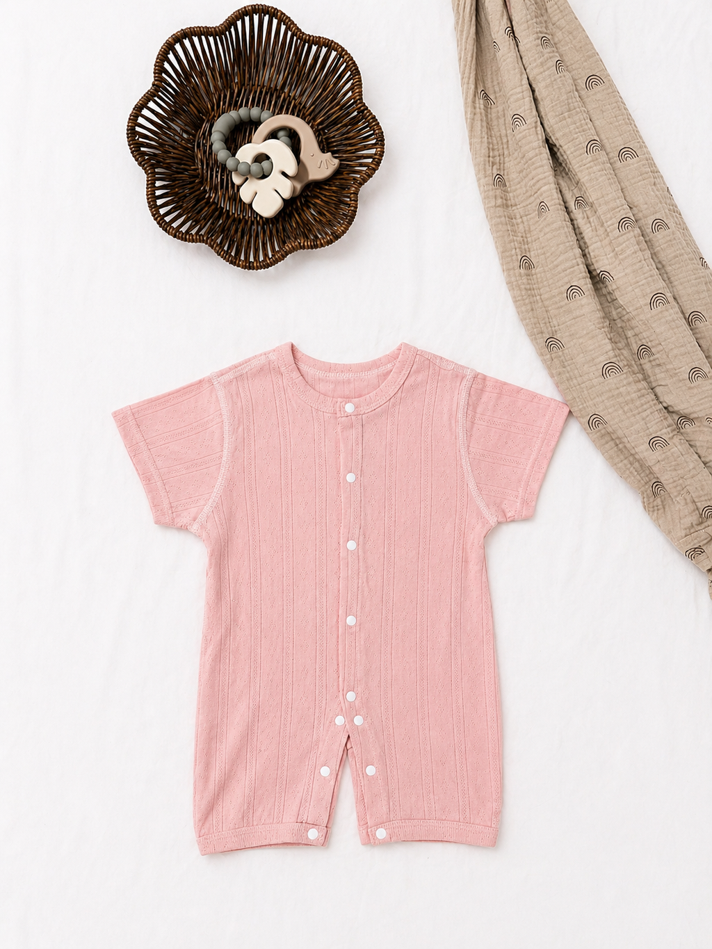 Pink Baby Cotton Short Sleeve Button Romper