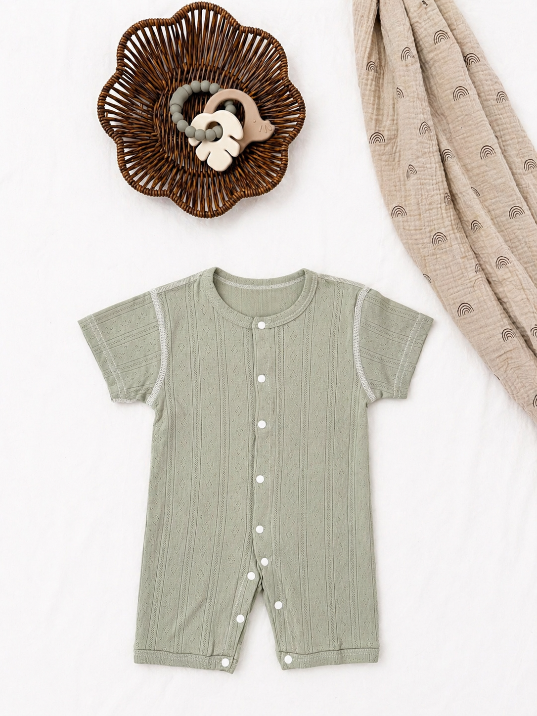 Green Baby Cotton Short Sleeve Button Romper