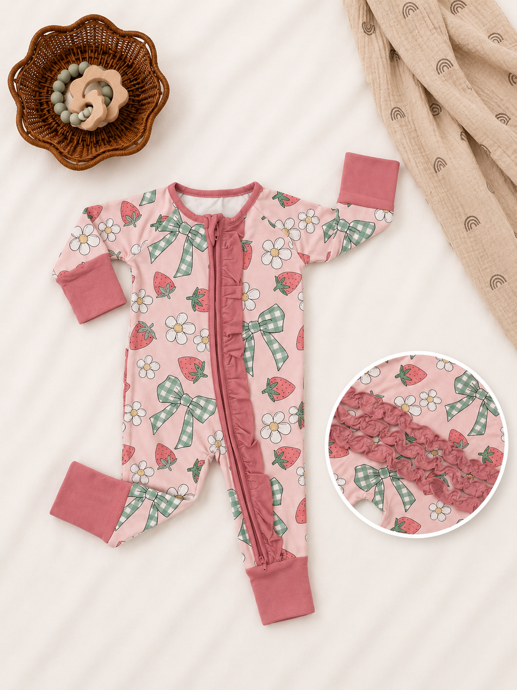 Bamboo Strawberry Ruffle Baby Sleeper