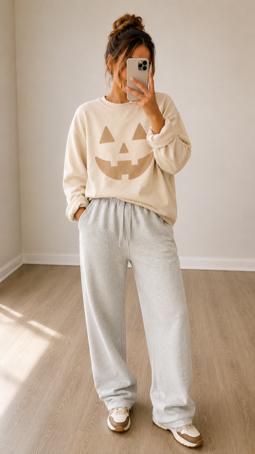 ADULT Neutral Jack-O-Lantern Pullover: Cream