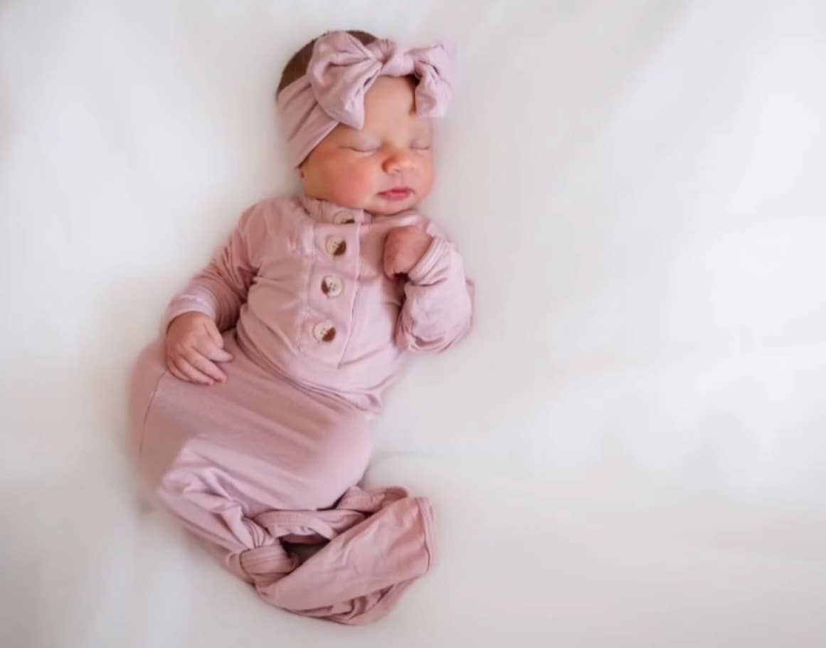 Newborn Knotted Baby Gown, Bow, Hat Set - Baby Clothes Girl: Dusty Rose