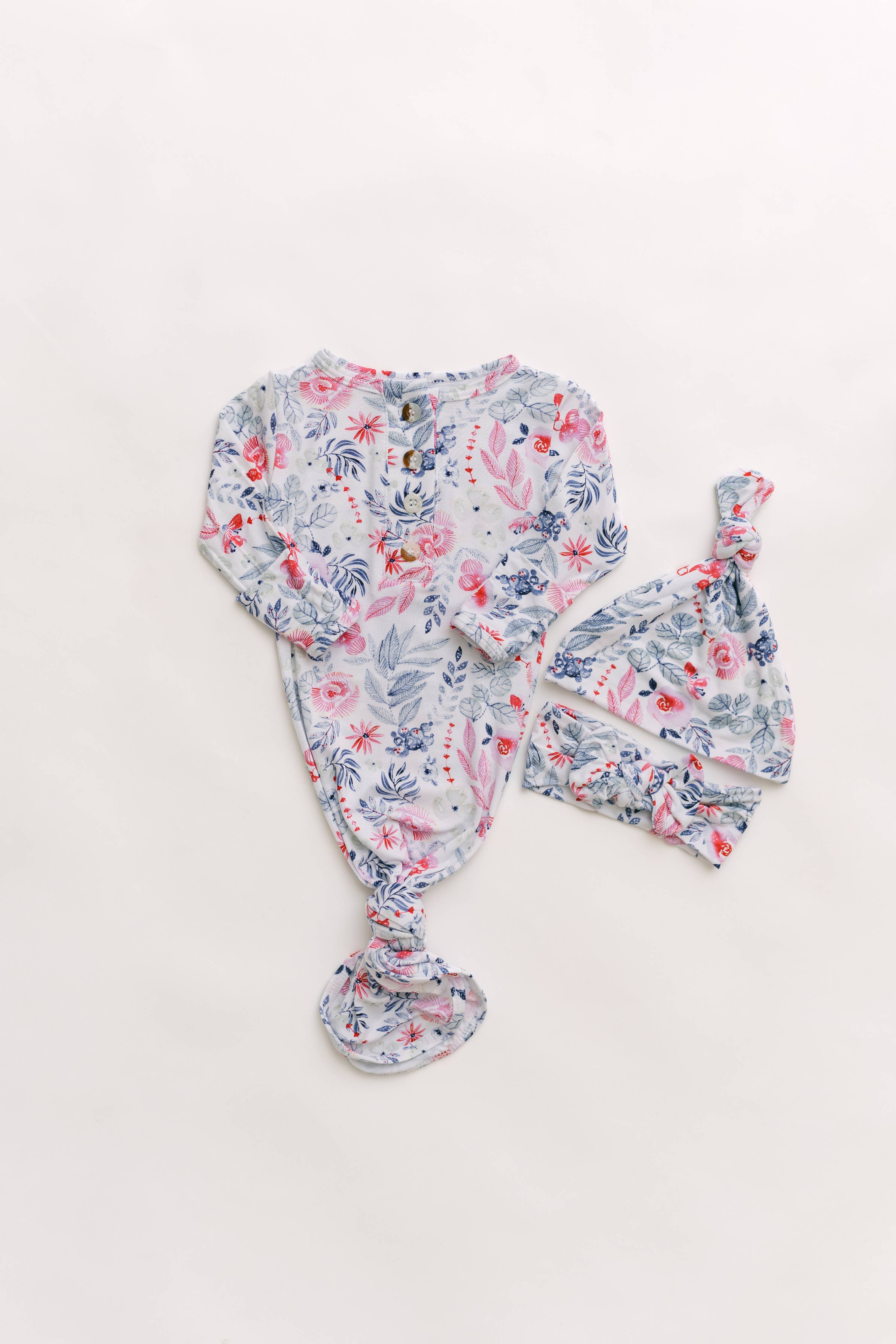 Newborn Knotted Baby Gown, Bow, Hat Set - Baby Clothes Girl: Dusty Rose