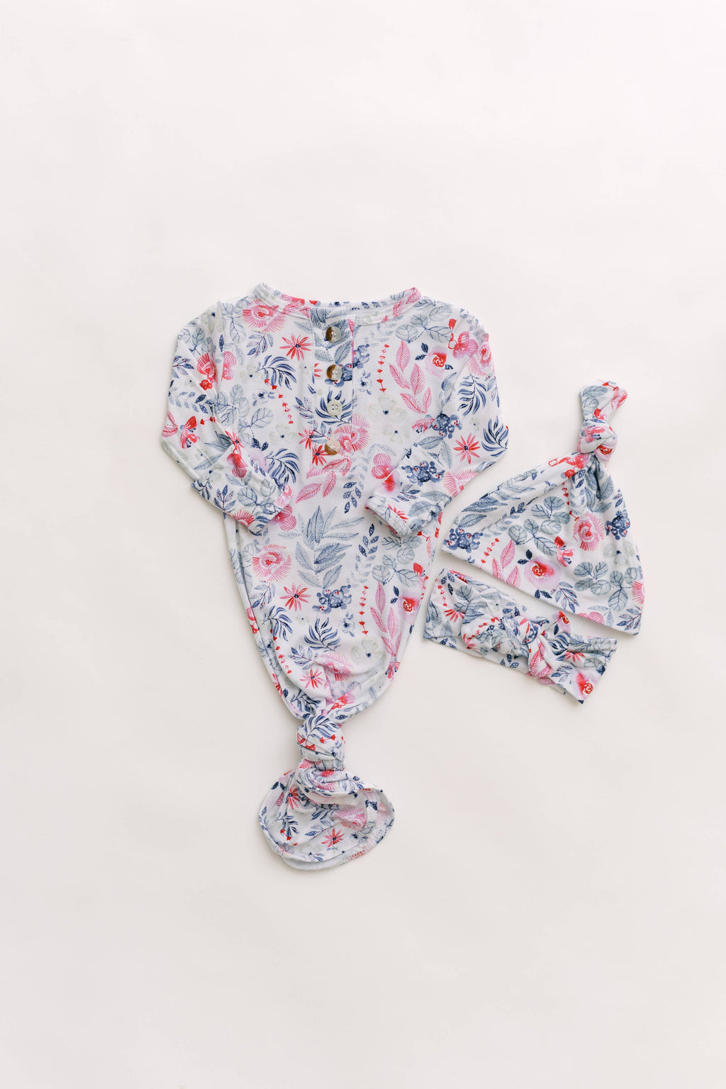 Newborn Knotted Baby Gown, Bow, Hat Set - Baby Clothes Girl: Pink
