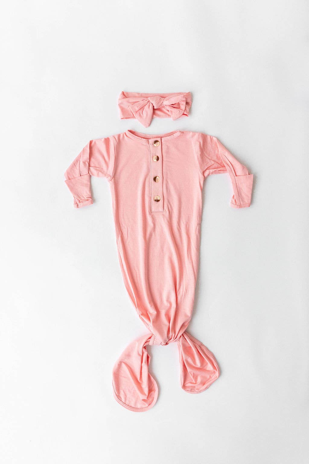 Newborn Knotted Baby Gown, Bow, Hat Set - Baby Clothes Girl: Dusty Rose