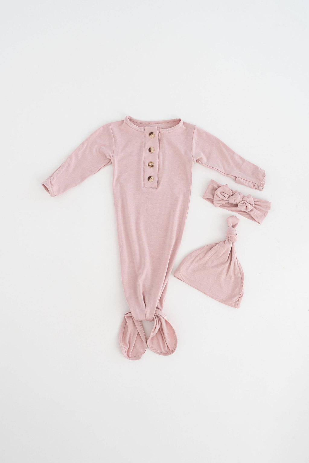 Newborn Knotted Baby Gown, Bow, Hat Set - Baby Clothes Girl: Dusty Rose